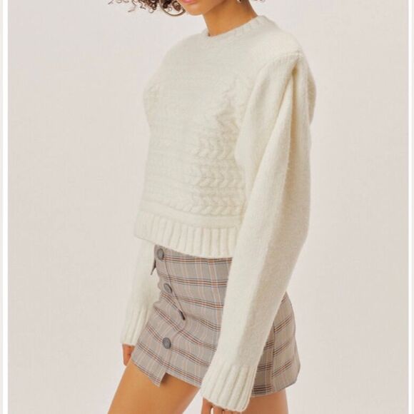 NEW For Love & Lemons Dominique Shoulder Pad Cable Knit Sweater Ivory Size S - Picture 2 of 15